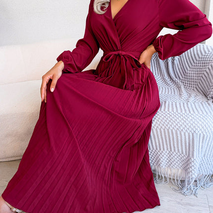 Fashion Women's Solid Color Temperament Crossover V-Neck Long Sleeve Dress Pleated Tie Waist Dress Waist Tie Pleated Dress