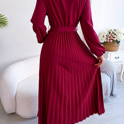 Fashion Women's Solid Color Temperament Crossover V-Neck Long Sleeve Dress Pleated Tie Waist Dress Waist Tie Pleated Dress