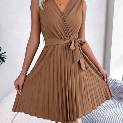 Spring and Summer Elegant Temperament Cross V-neck Fashion Sleeveless Waistless Pleated Dress Waist Tie Pleated Dresses