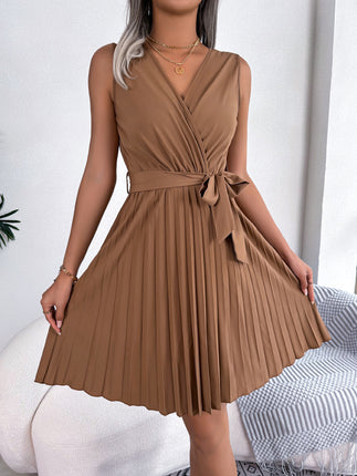 Spring and Summer Elegant Temperament Cross V-neck Fashion Sleeveless Waistless Pleated Dress Waist Tie Pleated Dresses