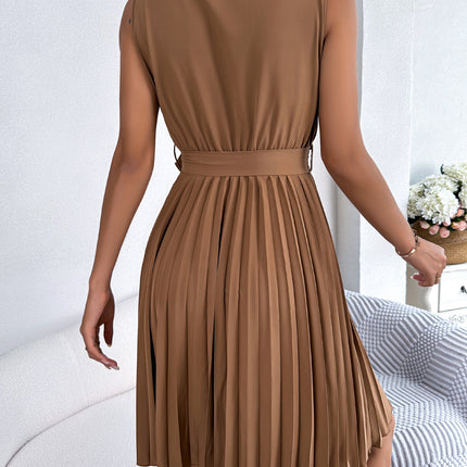 Spring and Summer Elegant Temperament Cross V-neck Fashion Sleeveless Waistless Pleated Dress Waist Tie Pleated Dresses