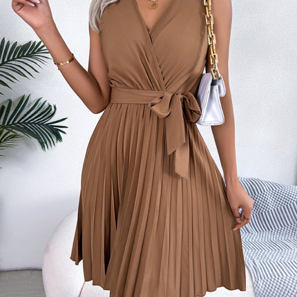 Spring and Summer Elegant Temperament Cross V-neck Fashion Sleeveless Waistless Pleated Dress Waist Tie Pleated Dresses