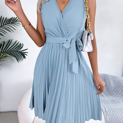 Spring and Summer Elegant Temperament Cross V-neck Fashion Sleeveless Waistless Pleated Dress Waist Tie Pleated Dresses