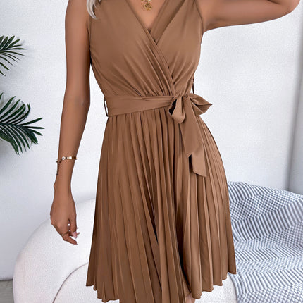 Spring and Summer Elegant Temperament Cross V-neck Fashion Sleeveless Waistless Pleated Dress Waist Tie Pleated Dresses