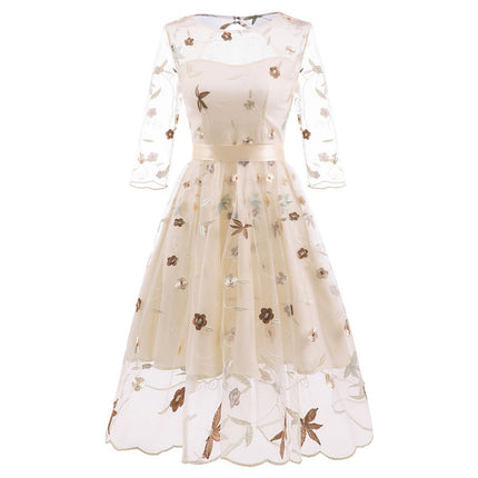 Women's Summer Chiffon Dress Flower Leaf Print Embroidered Halter Long Puffy Sleeve Tulle Mesh Puffy Princess Dresses