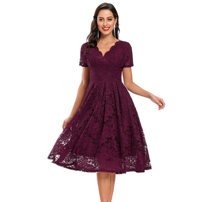 Women's Crushed Lace Prom Dresses V Neck Vintage Dresses Short Sleeve Formal Swing Dresses Bridesmaid Cocktail Party Dresses