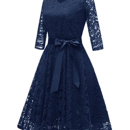 Women's Crushed Lace Prom Dresses V Neck Vintage Dresses Seven Sleeve Midi Formal Swing Dresses