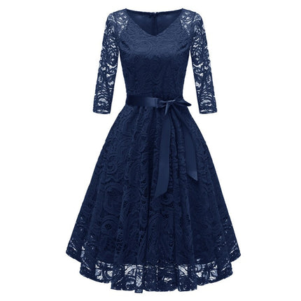 Women's Crushed Lace Prom Dresses V Neck Vintage Dresses Seven Sleeve Midi Formal Swing Dresses