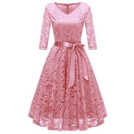 Women's Crushed Lace Prom Dresses V Neck Vintage Dresses Seven Sleeve Midi Formal Swing Dresses