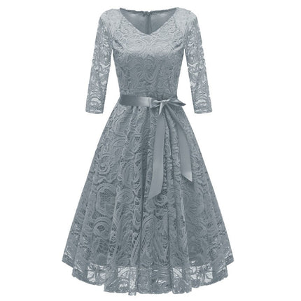 Women's Crushed Lace Prom Dresses V Neck Vintage Dresses Seven Sleeve Midi Formal Swing Dresses