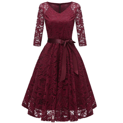 Women's Crushed Lace Prom Dresses V Neck Vintage Dresses Seven Sleeve Midi Formal Swing Dresses