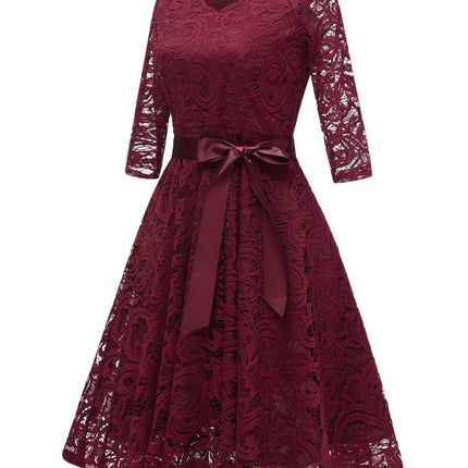 Women's Crushed Lace Prom Dresses V Neck Vintage Dresses Seven Sleeve Midi Formal Swing Dresses