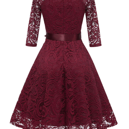 Women's Crushed Lace Prom Dresses V Neck Vintage Dresses Seven Sleeve Midi Formal Swing Dresses