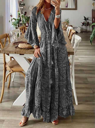 Women's Casual Summer Boho Crushed Floral Printed V Neck Flared Sleeve High Waist Dresses High Waist Beach Long Dresses