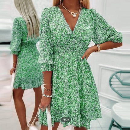 Women's Bohemian Printed Casual Long Dress Seven Sleeve V-Neck Crushed Floral Party A-Line Midi Dresses