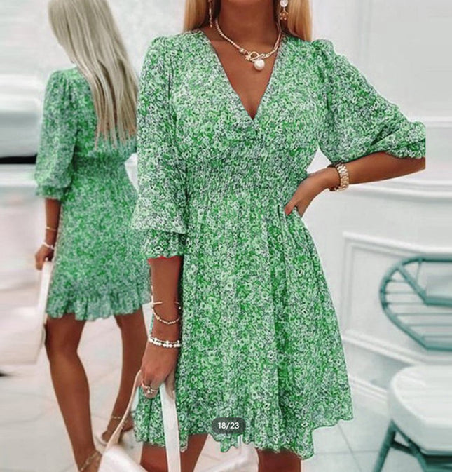 Women's Bohemian Printed Casual Long Dress Seven Sleeve V-Neck Crushed Floral Party A-Line Midi Dresses