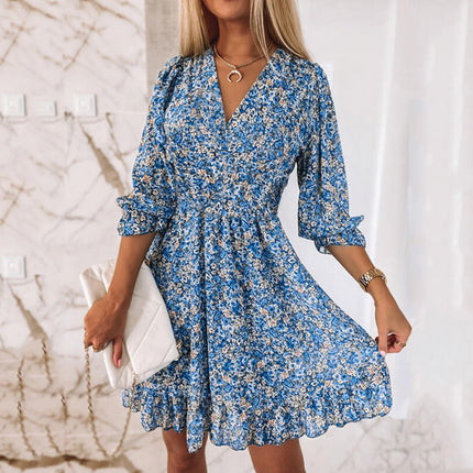 Women's Bohemian Printed Casual Long Dress Seven Sleeve V-Neck Crushed Floral Party A-Line Midi Dresses