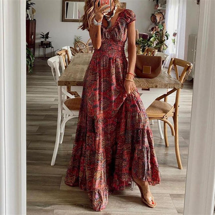 Women's Casual Floral Printed V-Neck Short Sleeve Summer Bohemian Style Beach Dress High Waisted Long Big Swing Dresses