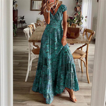 Women's Casual Floral Printed V-Neck Short Sleeve Summer Bohemian Style Beach Dress High Waisted Long Big Swing Dresses