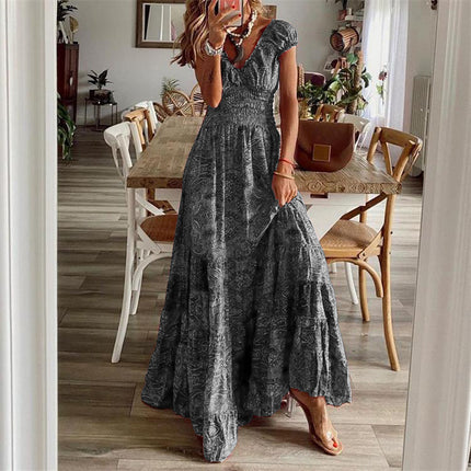 Women's Casual Floral Printed V-Neck Short Sleeve Summer Bohemian Style Beach Dress High Waisted Long Big Swing Dresses