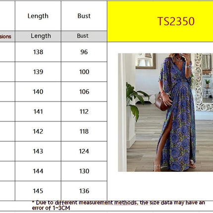 Summer Women's Loose Dress Bohemian Style Casual Side Split Deep V-Neck Short Sleeve Dress Printed Floral Long Dresses