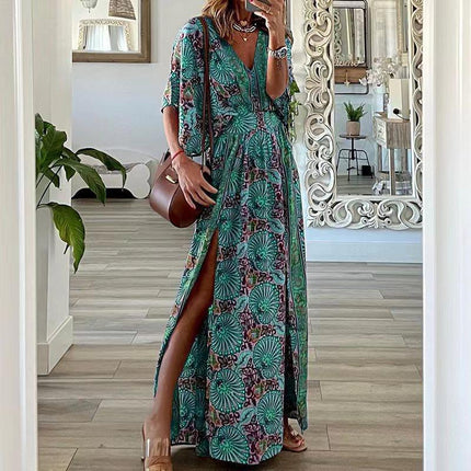 Summer Women's Loose Dress Bohemian Style Casual Side Split Deep V-Neck Short Sleeve Dress Printed Floral Long Dresses