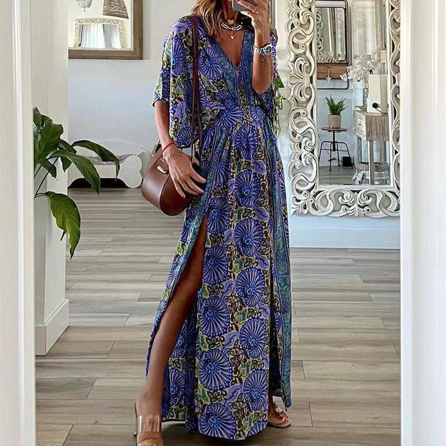 Summer Women's Loose Dress Bohemian Style Casual Side Split Deep V-Neck Short Sleeve Dress Printed Floral Long Dresses