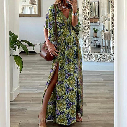 Summer Women's Loose Dress Bohemian Style Casual Side Split Deep V-Neck Short Sleeve Dress Printed Floral Long Dresses