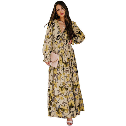 Women's long-sleeved tulle floral dress V-neck ruffled loose casual chiffon long skirt