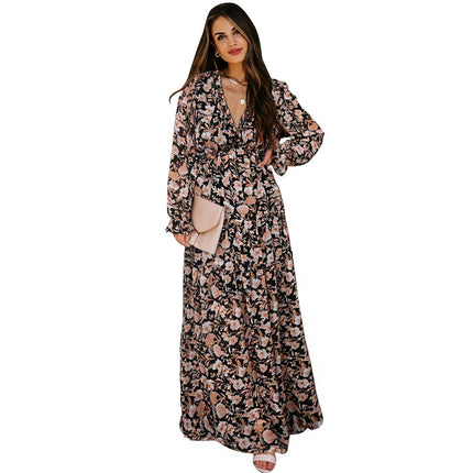 Women's long-sleeved tulle floral dress V-neck ruffled loose casual chiffon long skirt