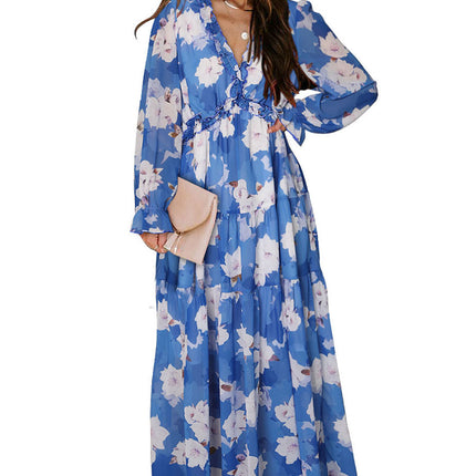 Women's long-sleeved tulle floral dress V-neck ruffled loose casual chiffon long skirt