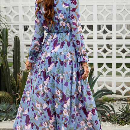 Women's long-sleeved tulle floral dress V-neck ruffled loose casual chiffon long skirt