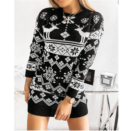 Women's Christmas Boho Dress Round Neck Elk Snowflake Jacquard Christmas Pullover Knit Slim Mini Knit Dress