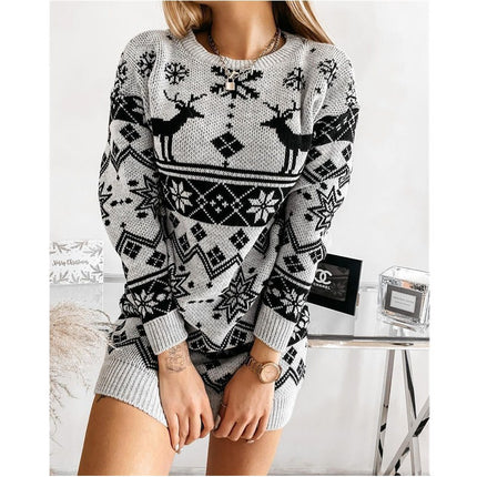 Women's Christmas Boho Dress Round Neck Elk Snowflake Jacquard Christmas Pullover Knit Slim Mini Knit Dress