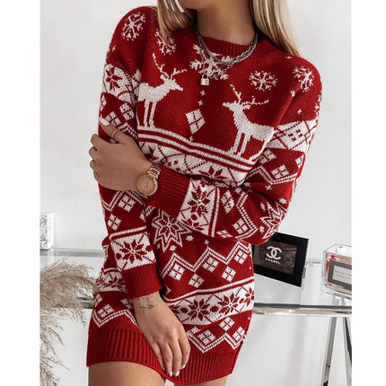 Women's Christmas Boho Dress Round Neck Elk Snowflake Jacquard Christmas Pullover Knit Slim Mini Knit Dress