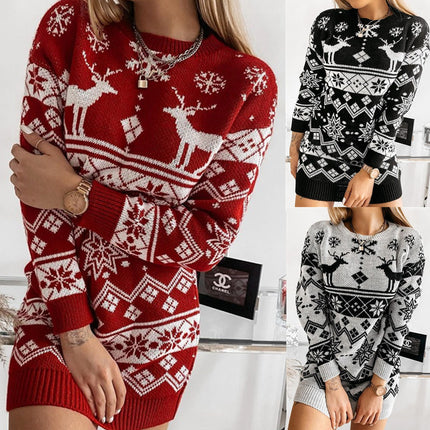 Women's Christmas Boho Dress Round Neck Elk Snowflake Jacquard Christmas Pullover Knit Slim Mini Knit Dress