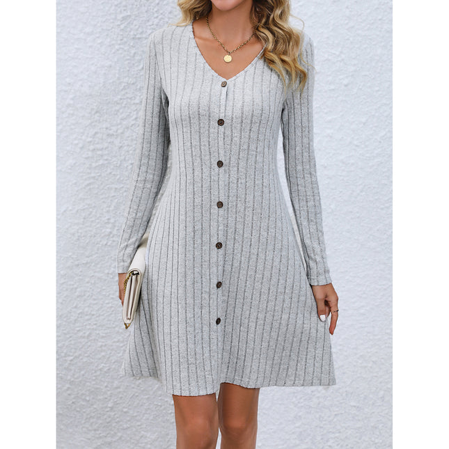 Women's Ribbed Knit Dresses Waisted Long Sleeve Button Knit One-piece Dresses Fall and Winter Round Neck Pullover Sweater Dresses