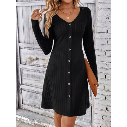 Women's Ribbed Knit Dresses Waisted Long Sleeve Button Knit One-piece Dresses Fall and Winter Round Neck Pullover Sweater Dresses