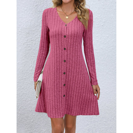 Women's Ribbed Knit Dresses Waisted Long Sleeve Button Knit One-piece Dresses Fall and Winter Round Neck Pullover Sweater Dresses