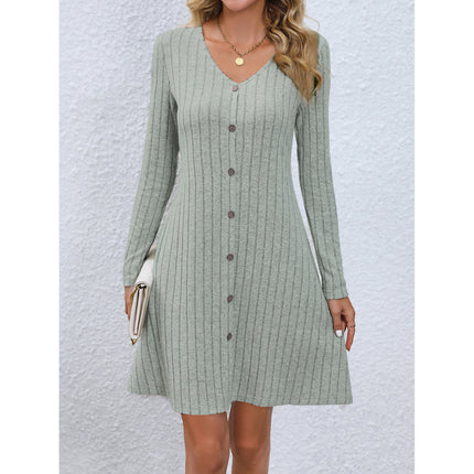 Women's Ribbed Knit Dresses Waisted Long Sleeve Button Knit One-piece Dresses Fall and Winter Round Neck Pullover Sweater Dresses