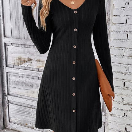 Women's Ribbed Knit Dresses Waisted Long Sleeve Button Knit One-piece Dresses Fall and Winter Round Neck Pullover Sweater Dresses