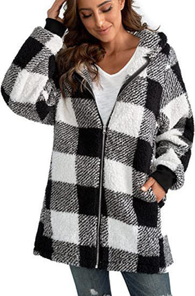 Women's Coat Plush Long Sleeve Plaid Hooded Zipper Pocket Loose Jacket Warm Jacket Fluffy Jacket Fluffy Jacket Fluffy Jacket