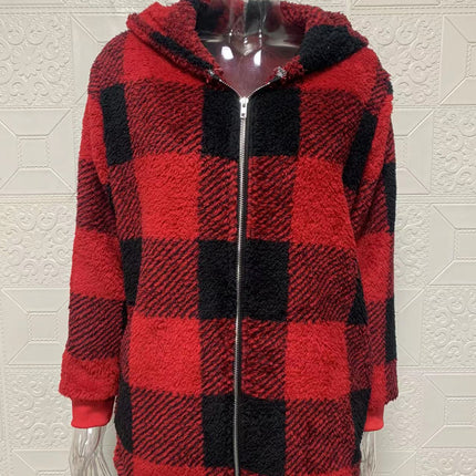 Women's Coat Plush Long Sleeve Plaid Hooded Zipper Pocket Loose Jacket Warm Jacket Fluffy Jacket Fluffy Jacket Fluffy Jacket