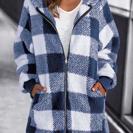 Women's Coat Plush Long Sleeve Plaid Hooded Zipper Pocket Loose Jacket Warm Jacket Fluffy Jacket Fluffy Jacket Fluffy Jacket