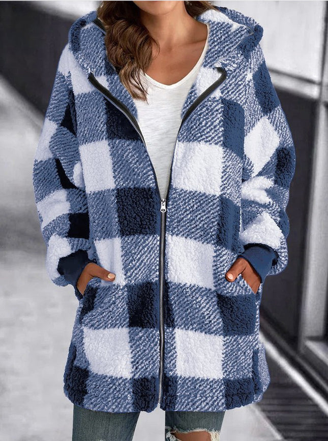 Women's Coat Plush Long Sleeve Plaid Hooded Zipper Pocket Loose Jacket Warm Jacket Fluffy Jacket Fluffy Jacket Fluffy Jacket