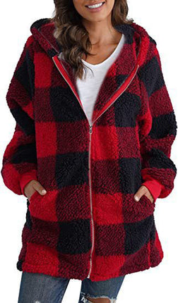 Women's Coat Plush Long Sleeve Plaid Hooded Zipper Pocket Loose Jacket Warm Jacket Fluffy Jacket Fluffy Jacket Fluffy Jacket