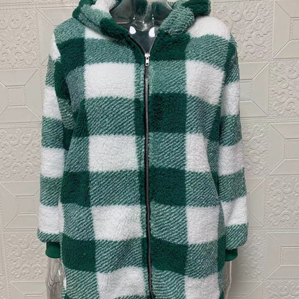 Women's Coat Plush Long Sleeve Plaid Hooded Zipper Pocket Loose Jacket Warm Jacket Fluffy Jacket Fluffy Jacket Fluffy Jacket