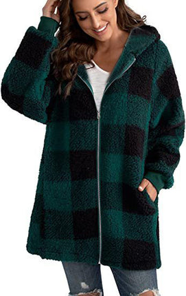 Women's Coat Plush Long Sleeve Plaid Hooded Zipper Pocket Loose Jacket Warm Jacket Fluffy Jacket Fluffy Jacket Fluffy Jacket