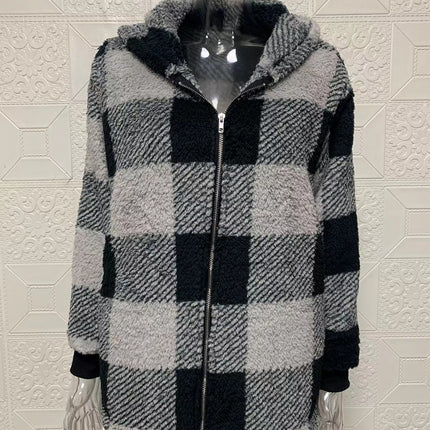 Women's Coat Plush Long Sleeve Plaid Hooded Zipper Pocket Loose Jacket Warm Jacket Fluffy Jacket Fluffy Jacket Fluffy Jacket