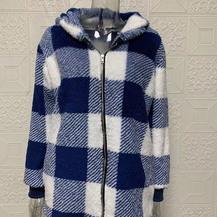 Women's Coat Plush Long Sleeve Plaid Hooded Zipper Pocket Loose Jacket Warm Jacket Fluffy Jacket Fluffy Jacket Fluffy Jacket